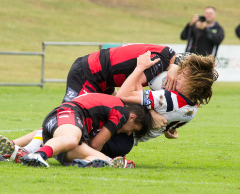 Captain Callan Burgess (top) & Nick Russell in defence - NSW Rugby League Junior Representative Competition - Harold Matthews Cup Competition [U16] Round 3 - Central Coast Roosters Vs North Sydney - Morie Breen Reserve - 25/02/2017 Photos by - Steve Little - www.redandblackzone.com