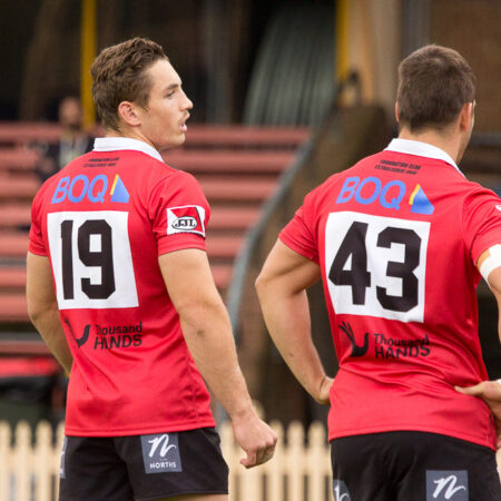 Cheyne Whitelaw in the 43 junper to signify the 1943 grand Final with Camron Murray in 19 - Intrust Super Premiership | Round 10 | North Sydney Vs Newtown | North Sydney Oval | 14/05/2017. Photo Steve Little www.redandblackzone.com.