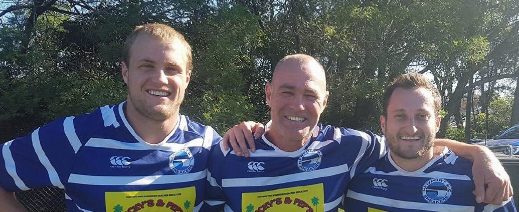 Image: Newport Breakers Cooper Halligan, his dad Daryl and team mate Paul Carswell after they played together.