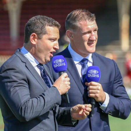 Image: Channel Nines' Joel Caine and Paul Gallen | North Sydney Oval | 14/04/2018. Photo Steve Little.